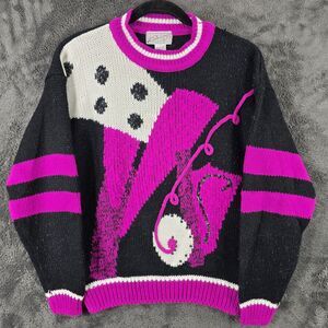 Vintage Spice of Life Women's Medium Sweater Chunky Black Pink Retro Shirt